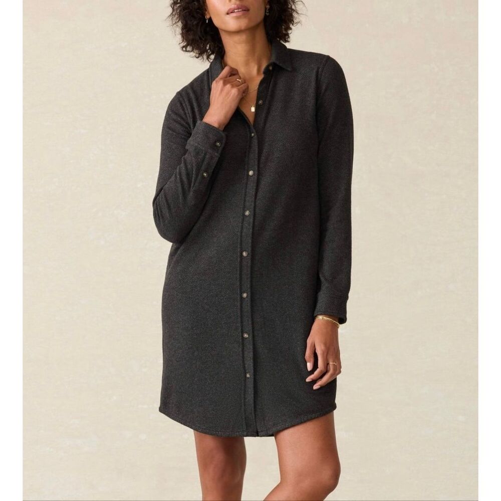 Faherty Sweater Dress Legend Collared Long Sleeve Button Front Heathered Black G